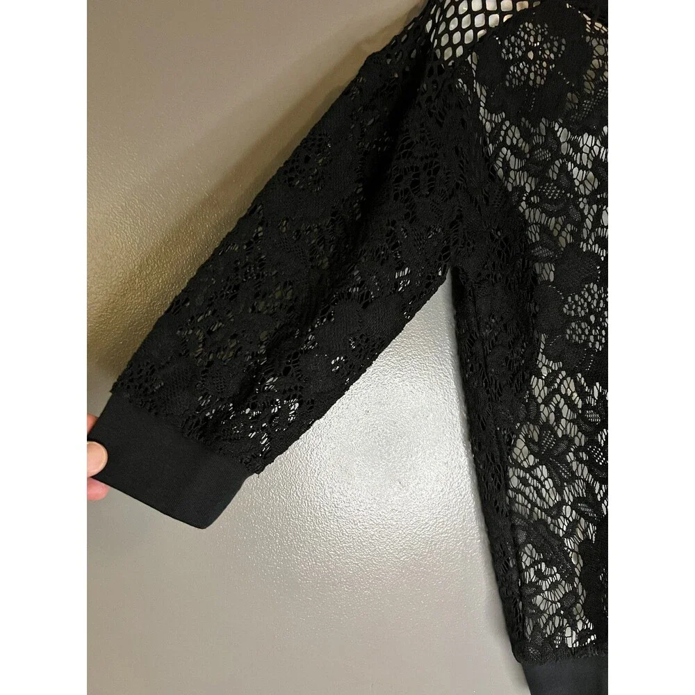 Express Pullover Womens Small Black Sheer Lace Floral Mesh Knit 3/4 Sleeve Top - Picture 3 of 6